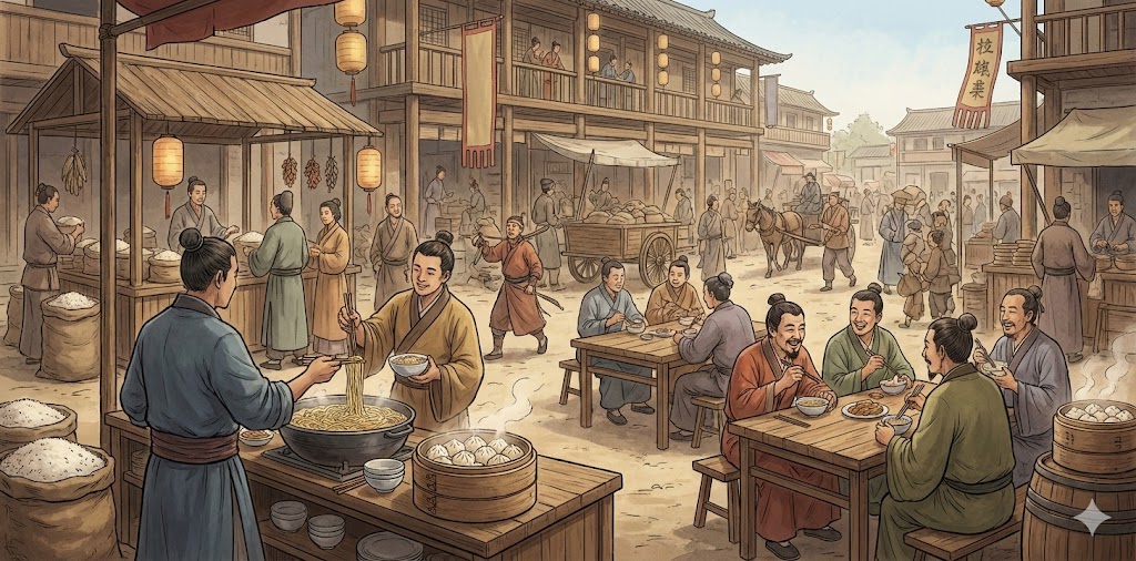 Bustling Han Dynasty marketplace