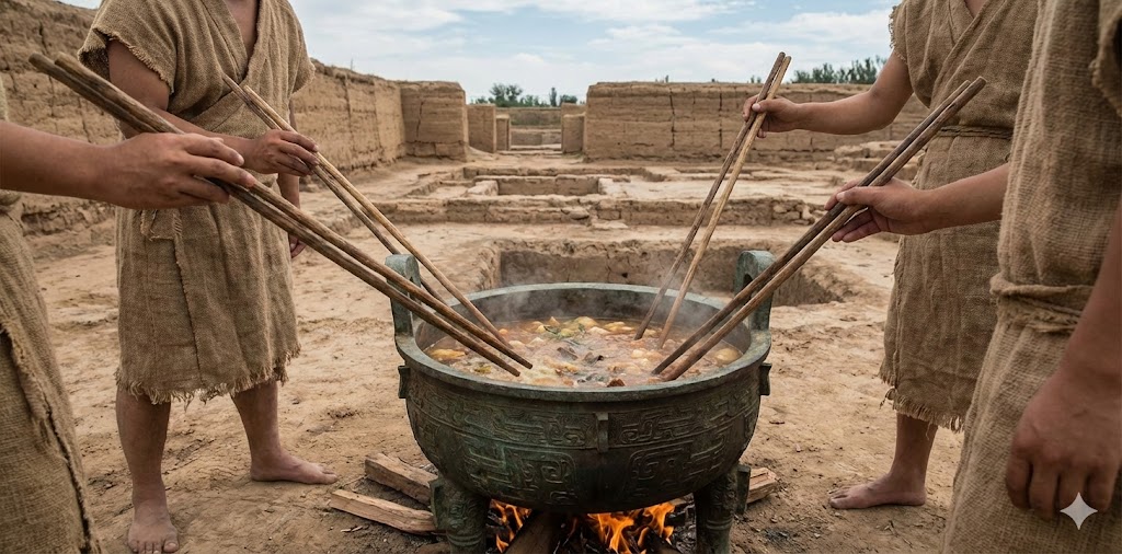 Ancient Chinese people using early chopsticks to stir stew